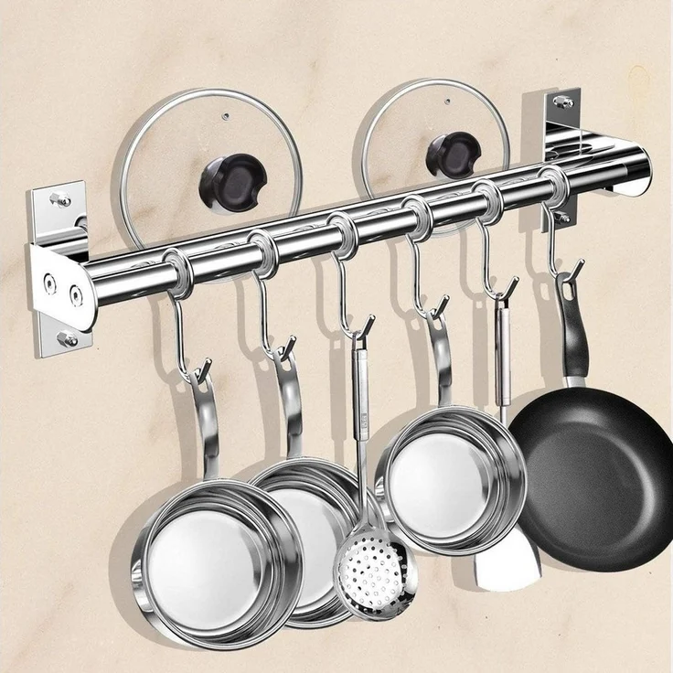 SURFOU Hakenleiste Küche Doppelte Edelstahlstange Küchenleiste mit 12 Haken &Messerhalter, (Hängeleiste Küchenreling, Edelstahl Doppelrohr, Küchenhakenleiste, Multifunktionale Hängeschiene mit Topfdeckel- & Messerhalter - 60 cm Topfi Topfdeckelhalter, ... – Bild 2