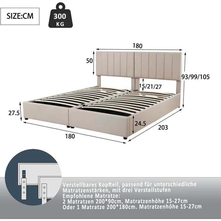 Polsterbett 180x200 mit hydraulischem Stauraum, 2-in-1 Doppelbett zu Einzelbetten umbaubar, verstellbares Kopfteil, Leinenbezug – Bild 6