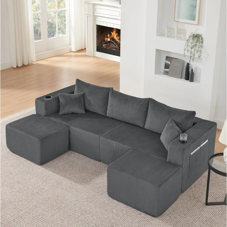 Modulares 3-Sitzer-Ecksofa aus Cordstoff mit Ottomanen & Getränkehaltern, H 75 x T 138 x B 230 cm, Grau – Bild 1