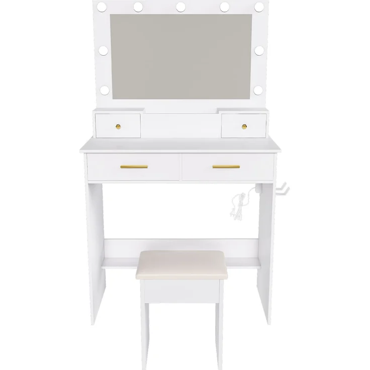 Schminktisch mit 3-stufiger LED-Beleuchtung, Steckdose & Haartrockner-Halterung – 4 Schubladen + Staufachkorb – Inkl. gepolstertem Hocker- Weiß, B80/H137/T40 cm.--Uraltes Weiß--137x40x80cm--YOUDENOVA – Bild 10