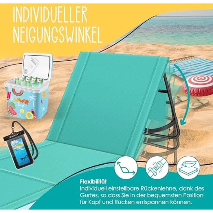 KESSER® Strandmatte klappbar mit verstellbarer Rückenlehne, Strandliege faltbar mit Tragegurt, wasserdichter Handyhülle & Aufbewahrungstasche, Sonnenliege für Strand Garten Terrasse, Liegematte 130Kg Blau, 2er Set – Bild 5