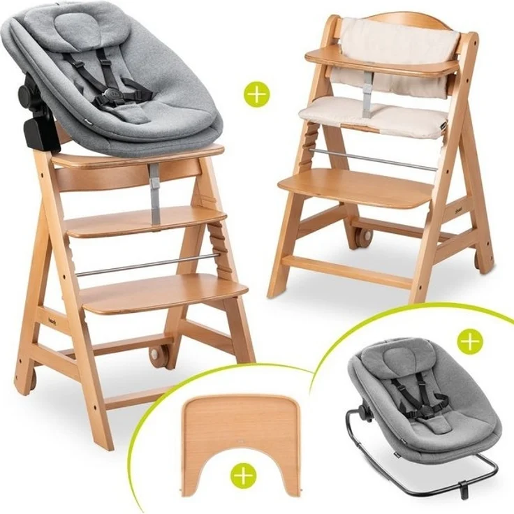 Hauck Hochstuhl Beta Plus Natural - Newborn Set 3in1 Bouncer (Set), Holz Babystuhl ab Geburt mit Neugeborenensufsatz, Sitzkissen, Essbrett – Bild 4