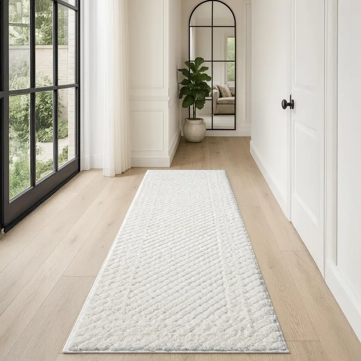Teppich Läufer fürs Flur - 80x300cm - Hochflor - Boho - Pastell Creme - Einfarbig - Modern Raute Muster- Skandinavisch Flauschig Weich - Schlafzimmer