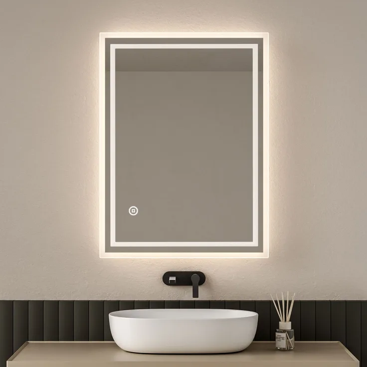 EMKE Badspiegel mit LED Beleuchtung 80x60cm Beschlagfrei 3 Lichtfarben Dimmbar Touchschalter Wandspiegel