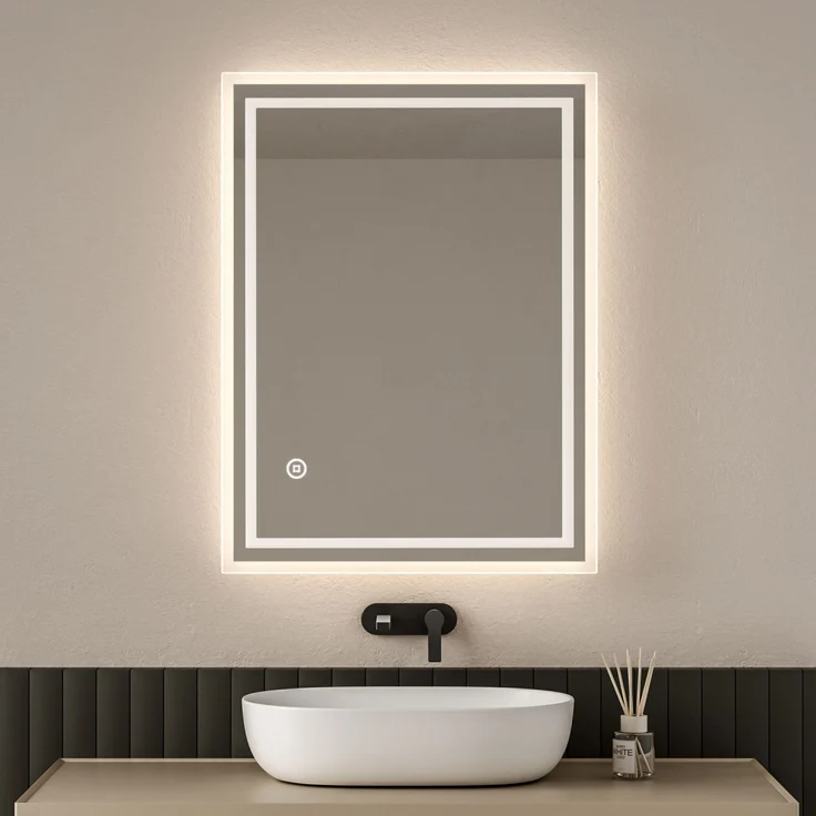 EMKE Badspiegel mit LED Beleuchtung 80x60cm Beschlagfrei 3 Lichtfarben Dimmbar Touchschalter Wandspiegel – Bild 1