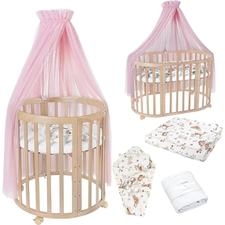 Waldin Oval Baby-Bett Mitwachsend Komplett Set 7in1, Gitterbett, Kinderbett mit Matratze, Wickelkommode, Beistellbett, Holz Natur, Stoffe Rosa Tiere – Bild 1