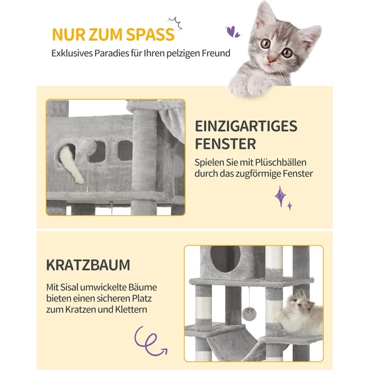 Kratzbaum groß, 210 cm hoch, Katzenbaum, mit 8 Kratzbäume, 2 Höhlen, groß Plattformen, Waschbare Matte, Hängematte, Plüschbälle, mehrstöckiger katzenkratzbaum, Hellgrau – Bild 5