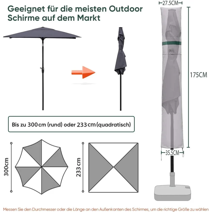 Sekey Sonnenschirm Schutzhülle mit Stab, Abdeckhauben für Ø 300 cm Gartenschirm mit Belüftungsöffnungen, Abdeckung für Marktschirm / Balkonschirm, 100% Polyester, wasserdicht, Hellgrau – Bild 2
