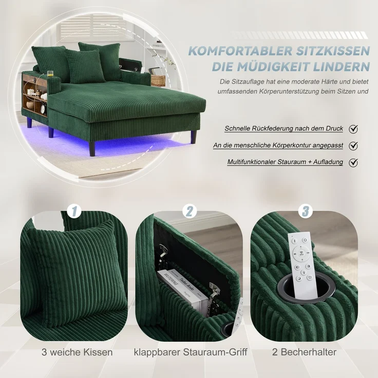 LVHOM Schlafsofa mit LED & USB, Chaiselongue mit Becherhalter & Stauraum, großes Einzelsofa bis 300kg belastbar, inkl. 3 Kissen, 129x170cm, Grün – Bild 3