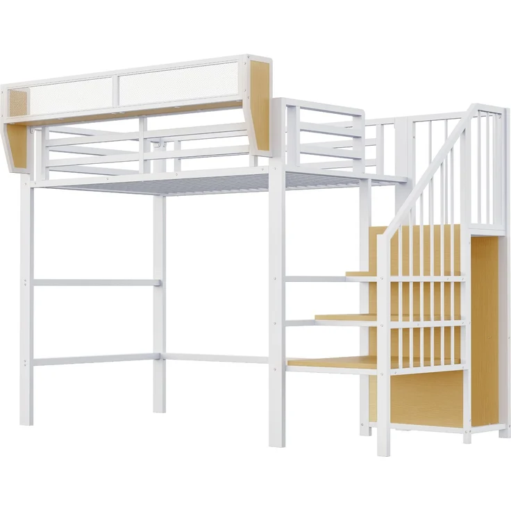 Hochbett 90x200 mit Sicherheitsleiter und flexiblem Staufach, Metallbett Erwachsenenbett Kinder-Etagenbett Weiß – Bild 10