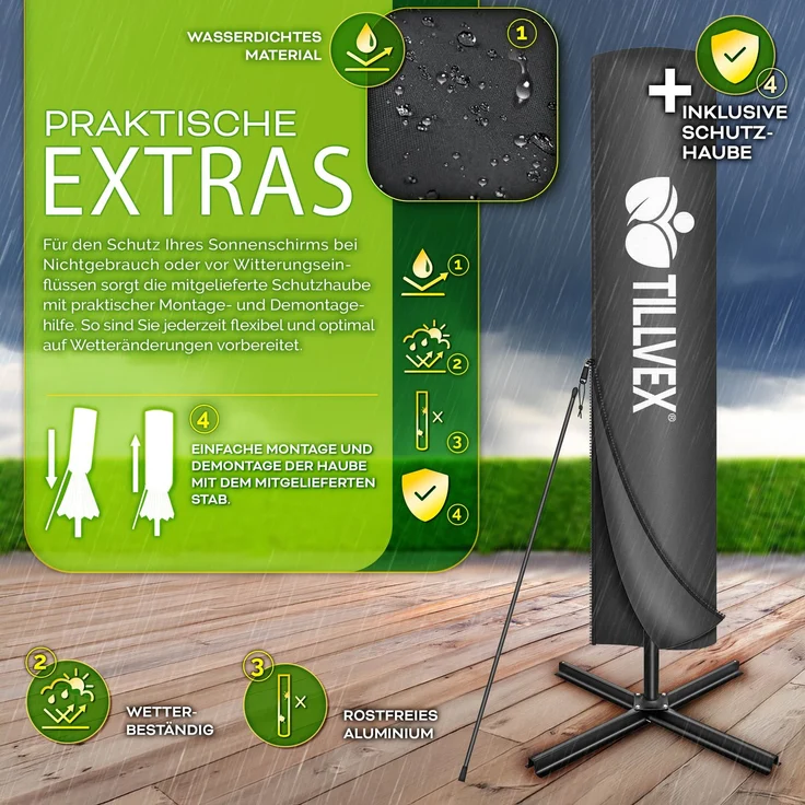 tillvex® Alu Sonnenschirm Rechteckig Ø 330 cm Anthrazit + Abdeckung mit Kurbel | Ampelschirm Eckig mit Ständer & Windschutz | Gartenschirm UV-Schutz Aluminium | Kurbelschirm Marktschirm wasserdicht 360° drehbar – Bild 6