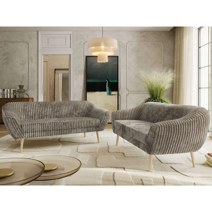Wohnzimmerset Möbelset PIRS 3-3, Armlehnen, Wellenfederung, Buche Füße, Dreisitzer Sofa, Polstermöbel Set - Hellgrau Velvet – Bild 3