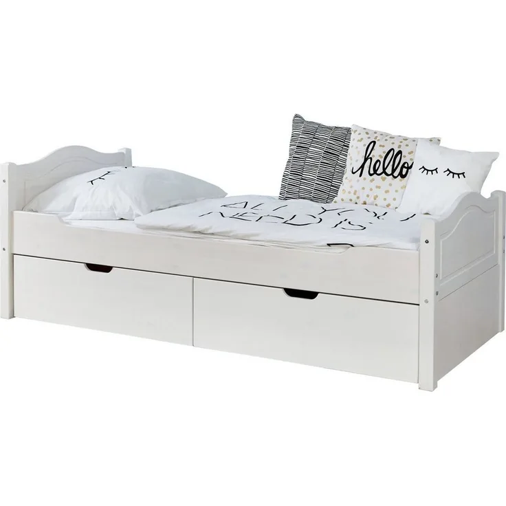 Ticaa Einzelbett 'Leni' 90x200 Kiefer massiv- mit 2er Schubkästen - weiß