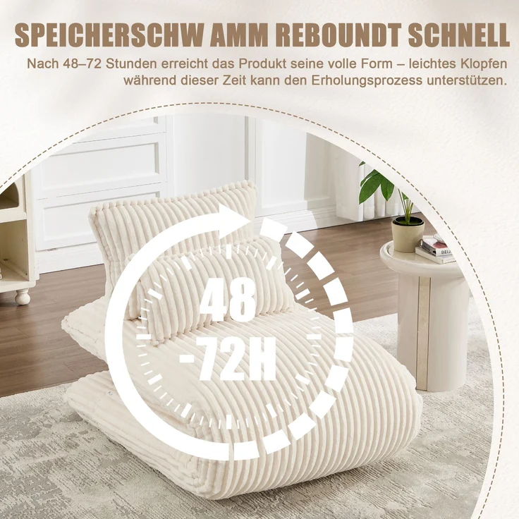 LVHOM Schlafsessel mit Bettfunktion, 227 cm Klappsessel Bodensessel mit Stahlrahmen, klappbarer Relaxsessel inkl. 2 Kissen, bis 150 kg belastbar, Cord Beige – Bild 6