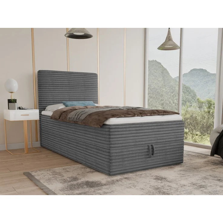 Boxspringbett Mollo Mini mit Bettkasten und Matratzentopper - Einzelbett mit Bonell-Matratze und Topper, Polsterbett in weichem Cordstoff, Bett, Schlafzimmer (Graphit (Tilia 90), 90 x 200 cm) – Bild 5