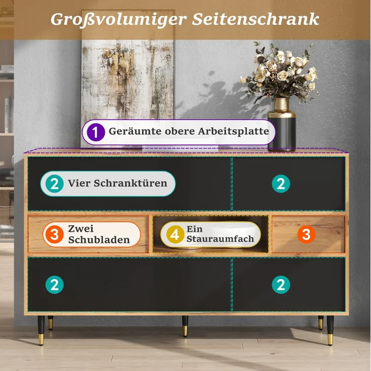 DESVIAE Sideboard Natur/Schwarz aus MDF/Spanplatte – 140x84,5x40 cm – 2 Schubladen, Klappfronten – Bild 5