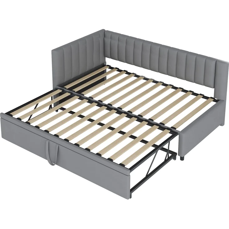 Merax Multifunktionales L-förmiges Schlafsofa mit Ausziehbett 90/180*200cm, Polsterbett in Samtstoff, platzsparendes Design für Kinderbett, Gästebett, hellgrau – Bild 9