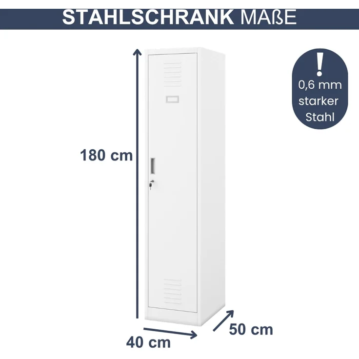 Umkleideschrank Spind WIEN - 1 Abteil, Etikettenhalter Lüftungsschlitze | Umkleidespind Metall Schließfachschrank Garderobenspind, 180 x 40 x 50 cm Weiß – Bild 2