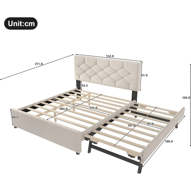Polsterbett mit Ausziehbett, Samt & MDF, 140x200 cm, Beige, ohne Matratze – Bild 5