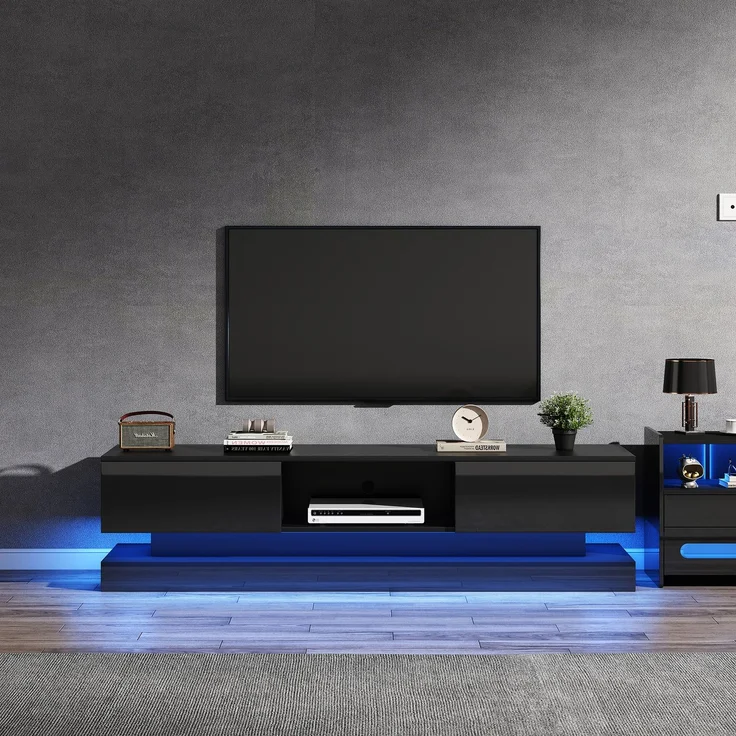 Merax 160*35*40,5 cm Schwarzer Hochglanz-TV-Ständer mit LED-Beleuchtung, 2 Schubladen, Anwendungssteuerung, Anti-Kipp-Design, geeignet für 60-Zoll-Fernseher, TV-Schränke, TV-lowboard – Bild 1