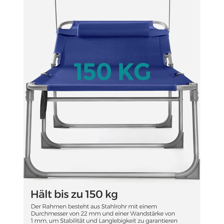 SONGMICS Große Sonnenliege, klappbarer Liegestuhl, 71 x 200 x 38 cm, Belastbarkeit 150 kg, mit Sonnenschutz, Kopfstütze und Verstellbarer Rückenlehne, für Garten Pool Terrasse, dunkelblau GCB22BUV2 – Bild 6