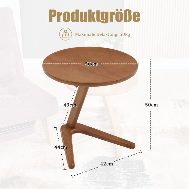 LVHOM Couchtisch rund, Beistelltisch aus Massivholz, Wohnzimmertisch Ø50 cm, Natur – Bild 7
