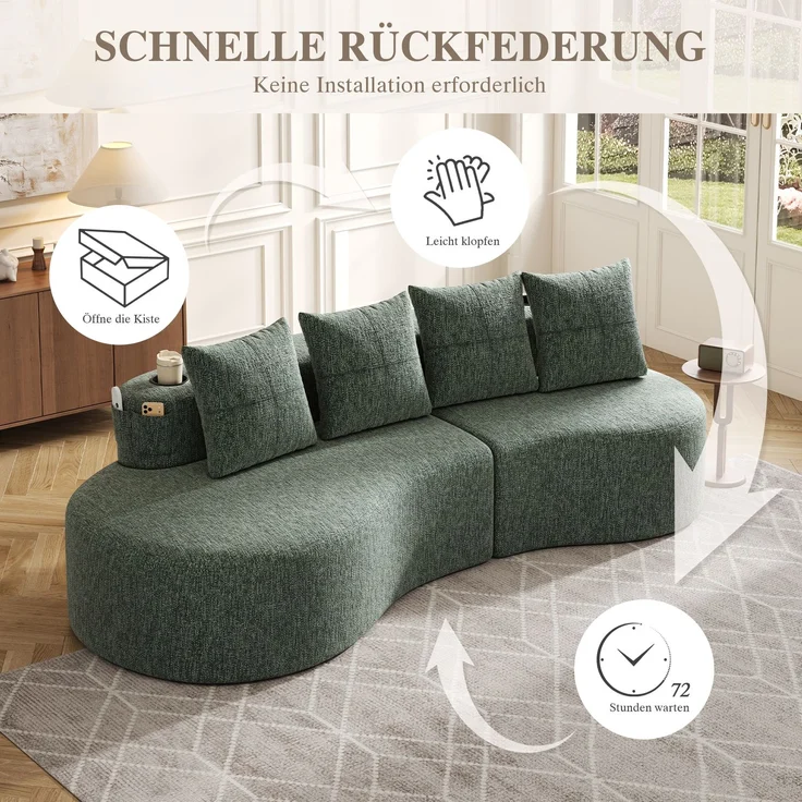 Großes Stoffsofa 240 cm mit Getränkehaltern, Seitentaschen und 4 Kissen, gepolsterte Couch mit Schaumstoff und Federleisten für Wohnzimmer, Grün – Bild 9