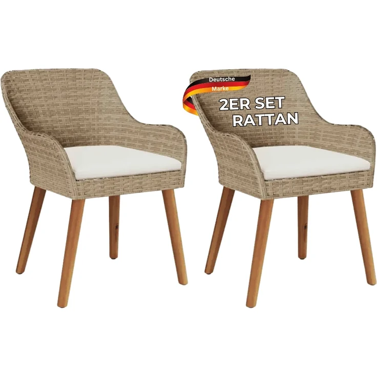 Gartenstuhl EGOS 2er Set Poly-Rattan 62,5x55x82 cm mit Polster Beige | Gartenstuhl Rattan Outdoorstühle Balkonstühle – Bild 1
