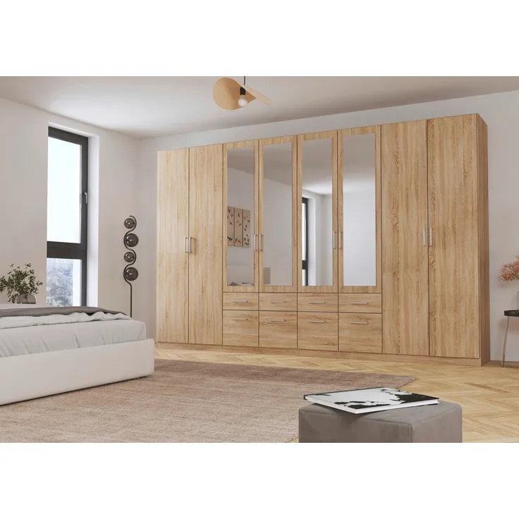 rauch Kleiderschrank, Drehtürenschrank BINGEN, 8-türig, 4 Spiegeltüren teilaufgelegt, 8 Schubkästen, Eiche Sonoma, 360 x 229 x 54 cm