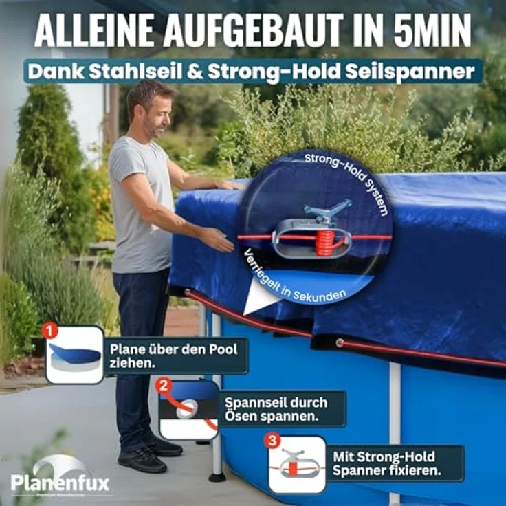 Planenfux® Pool-Abdeckplane Poolplanen rund PE Material - Blau (PARENT), Ø 244 - 280 cm Poolabdeckung rund aus verstärktem 200g/m² PE Material – Bild 8