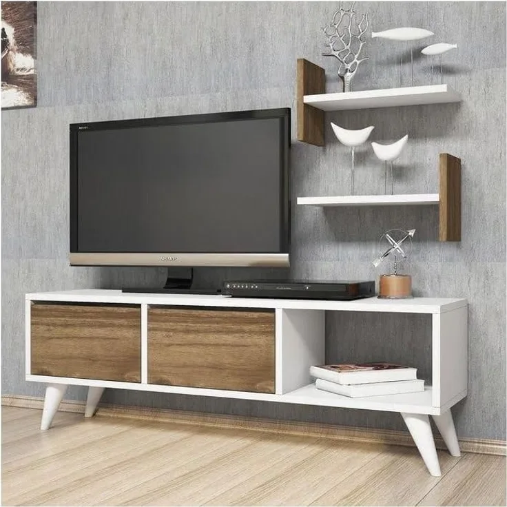 Homemania 'Foxy' TV-Schrank mit Regal, Weiß und Walnuss, 120 x 30 x 40 cm