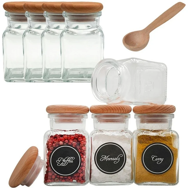 mikken Gewürzbehälter 8 Gewürzgläser 150 ml eckig mit Holzdeckel + 24 Etiketten + Löffel, Mit Holzdeckel, Dosierlöffel, und Gewürzetiketten – Bild 1