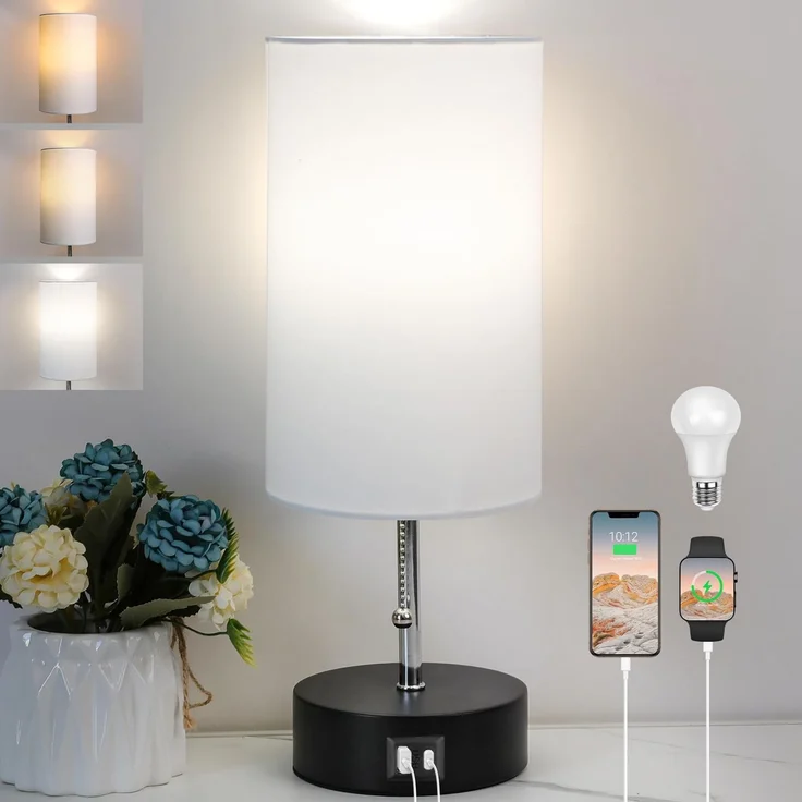 ROTTOGOON Nachttischlampe, Tischlampe mit USB A & C Ladefunktion, Weiß