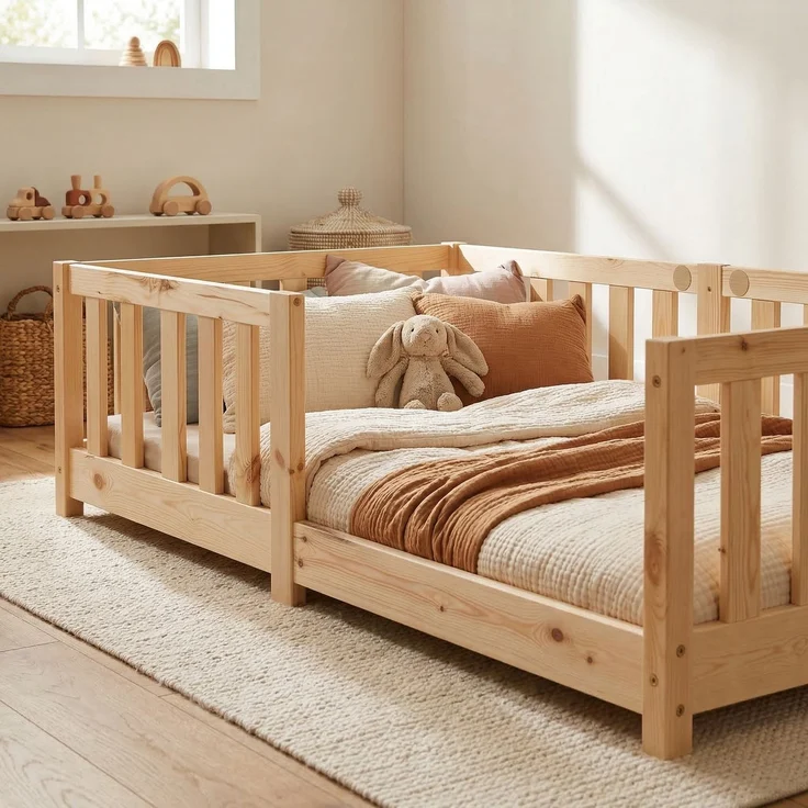 ecoMI Kinderbett mit Rausfallschutz und Lattenrost, Kiefernholz natur, 80x160 cm – Bild 2