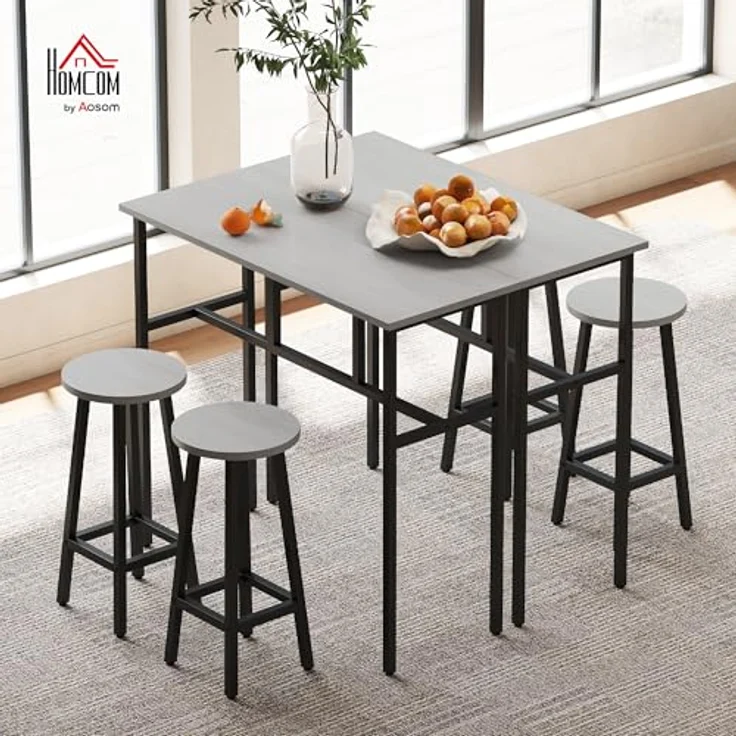 HOMCOM Bargruppe Bartisch-Set im Industriedesign, (Set, 6-tlg), 6-teilig Essgruppe 2 Bartisch mit 4 Stühlen Grau, Schwarz – Bild 3