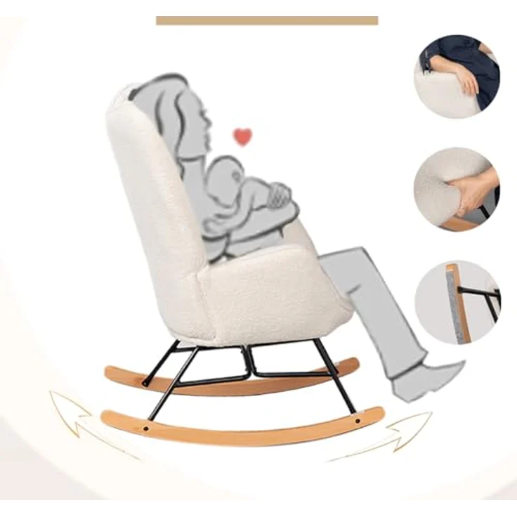 MEUBLE COSY Schaukelstuhl Sessel Schaukelsessel Stillstuhl Schwingstuhl mit Armlehnen Gepolsterter Sitzfläche für Wohnzimmer Schlafzimmer, Balkon, Sherpa und Holzkufen, Bis 120 kg Belastbar, Beige – Bild 5