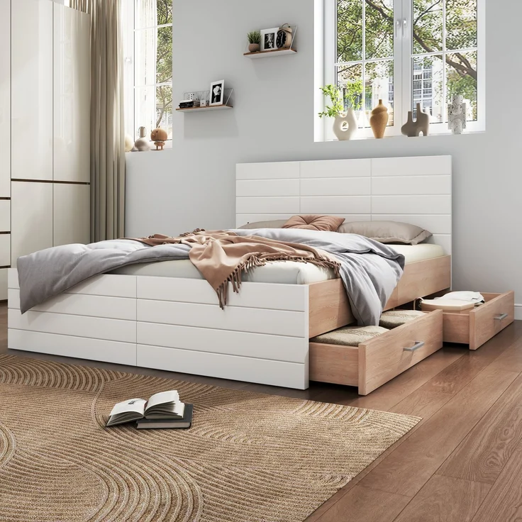 Doppelbett 160x200 cm Weiß Eiche, Bettgestell mit 2 Schubladen, Massivholzrahmen, Stauraumbett mit Lattenrost,inklusive Matratze – Bild 2