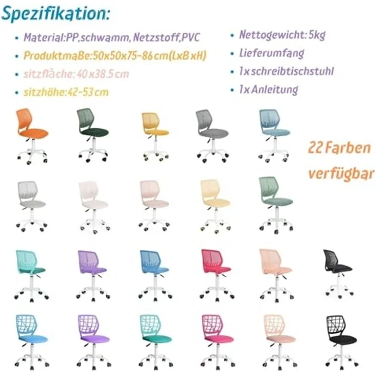 FurnitureR Arbeitsstuhl Drehstuhl Höhenverstellbar 360 Grad Stoff SGS Gaslift 130kg PP Rücken PU Rollen Ergonomisch – Bild 7