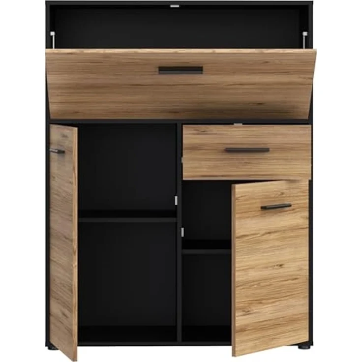 Forte MOKKARO Barkommode 95, Barschrank mit 2 Schranktüren, 1 Schublade, 1 Klappschrank, Mauvella Eiche Dekor/Schwarz, 94,7 cm breit, 123,5 cm hoch, 42 cm tief – Bild 5