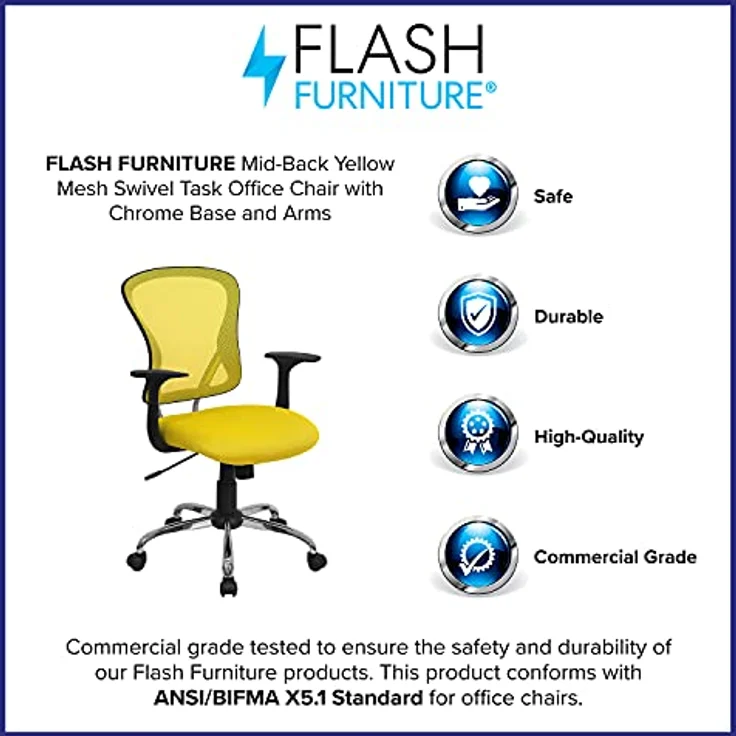 Flash Furniture Alfred Bürostuhl mit mittelhoher Rückenlehne, Netzstoff, drehbar, mit Chromfuß und Armlehnen, Gelb – Bild 11