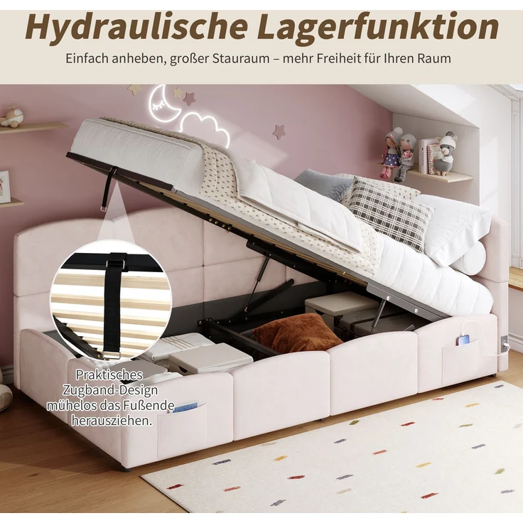 ZUBALIYA Schlafsofa 90 x 200 cm mit hydraulischem Bettkasten, USB-Anschluss, USB-C-Anschluss, Samt, Rosa – Bild 11