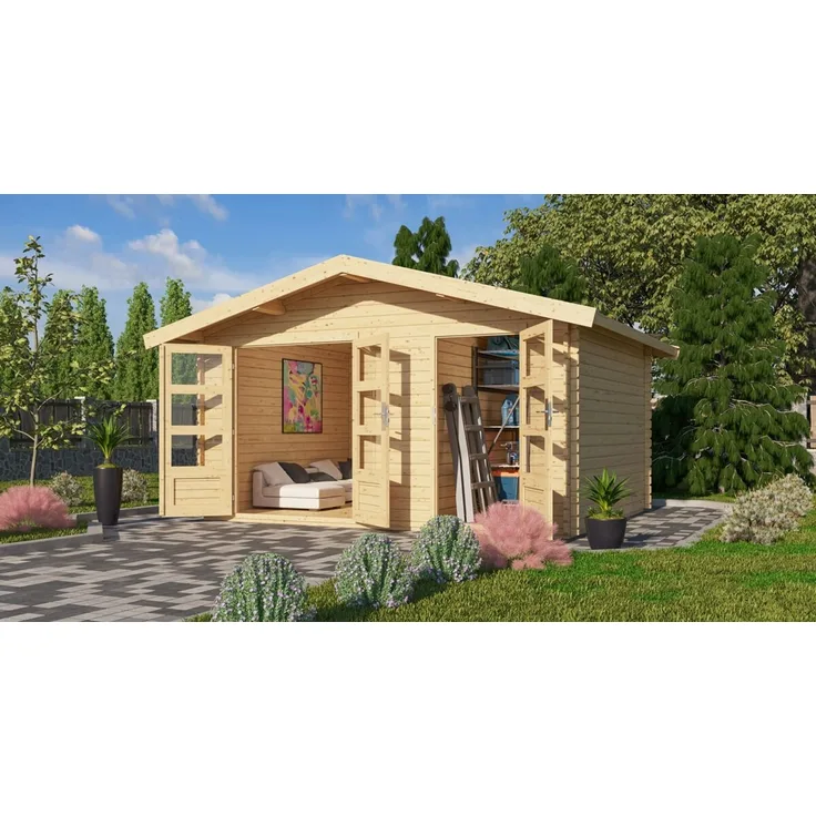 Mittelwandhaus Lagor 1 - 417x327 cm, 38 mm Blockbohlen natur, Karibu