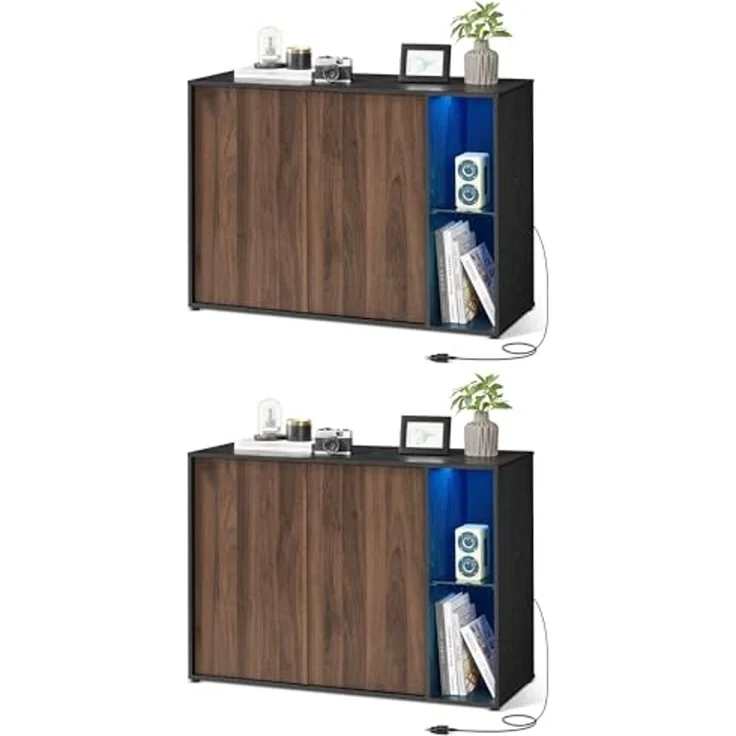 SONGMICS HOME Superschnelle werkzeuglose Montage, Sideboard mit Beleuchtung, 2er Set Aufbewahrungsschrank, TV-Schrank, Glasablage, Toolless-Technologie, von SONGMICS, naturwalnussfarben-ebenholzschwarz BBKDE792B01 – Bild 1