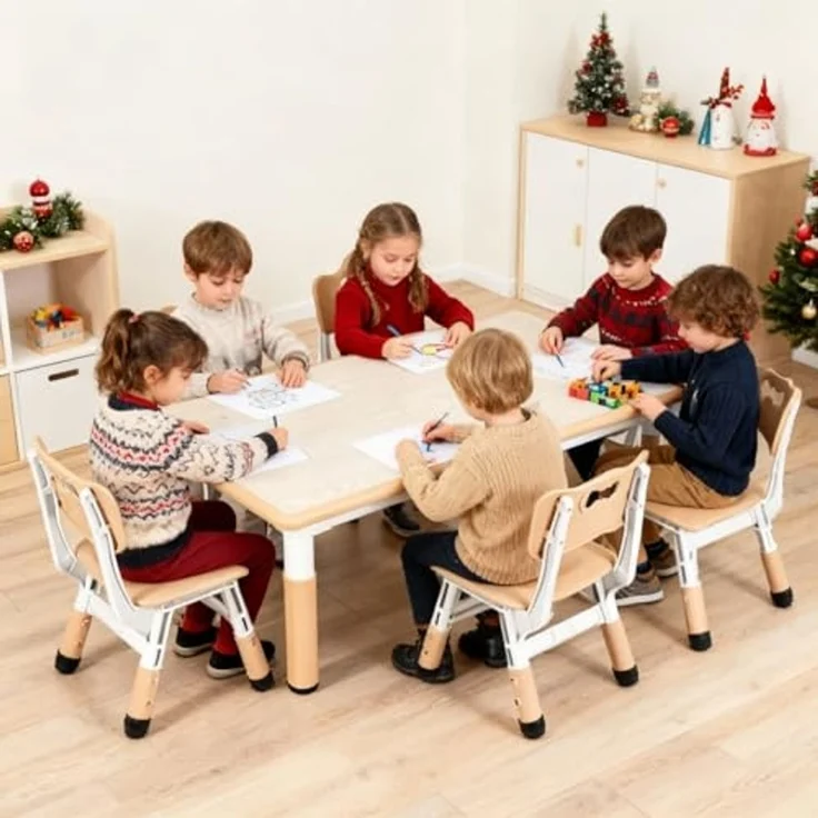 Clevich Kindertisch mit 6 Stühlen,Kinder Tisch Stuhl Set für Kindergarten und Kinderzimmer,Kindertischgruppe Höhenverstellbar,Plastik Kindermöbel,Sitzgruppe für Jungen Mädchen,Gelb – Bild 2