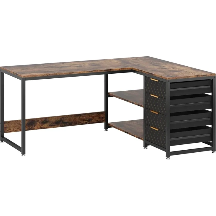 Eckschreibtisch aus Holzwerkstoff mit 4 Schubladen und Regal, 150x110x75 cm, Schwarz/Rustikales Braun – Bild 5