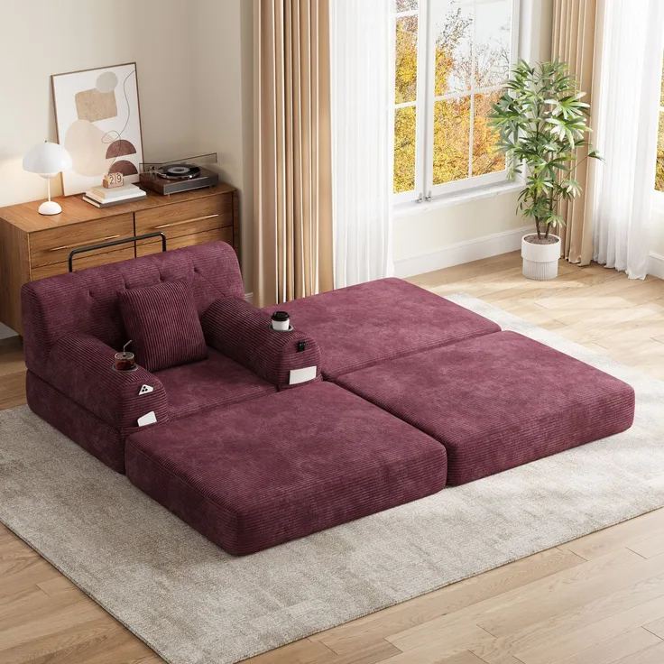 ZUBALIYA Schlafsofa 162x81 cm, mit Stauraum, mit Samtbezug, mit Cordbezug, mit Knopfheftung, mit breiten Armlehnen, Rot