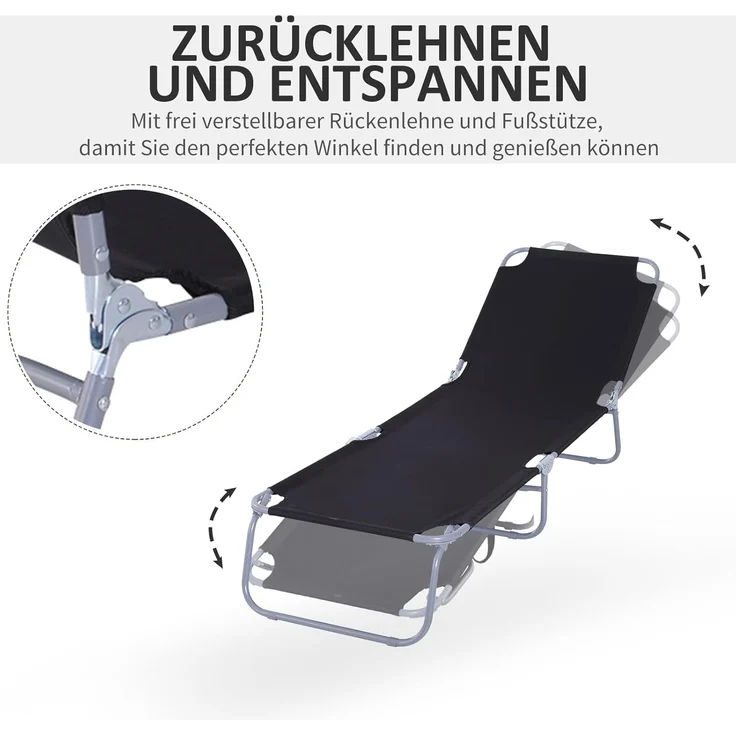 Outsunny Gartenliege Sonnenliege klappbarer Liegestuhl mit verstellbarer Rückenlehne, Campingliege, 1 St, Balkonliege, für Balkon, Terrasse, Oxford, Schwarz – Bild 4