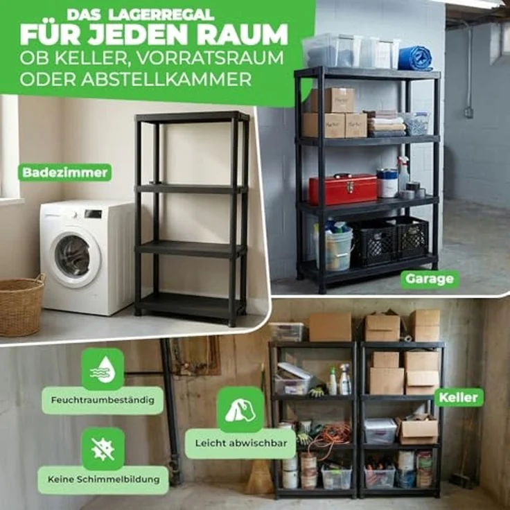 ONDIS24 Steckregal 4x Kunststoffregal, 60 x 30 x 135 (H) cm, 4 Böden, Schwerlastregal, bis zu 80 kg, Regal, Lagerregal - 4er Pack – Bild 4