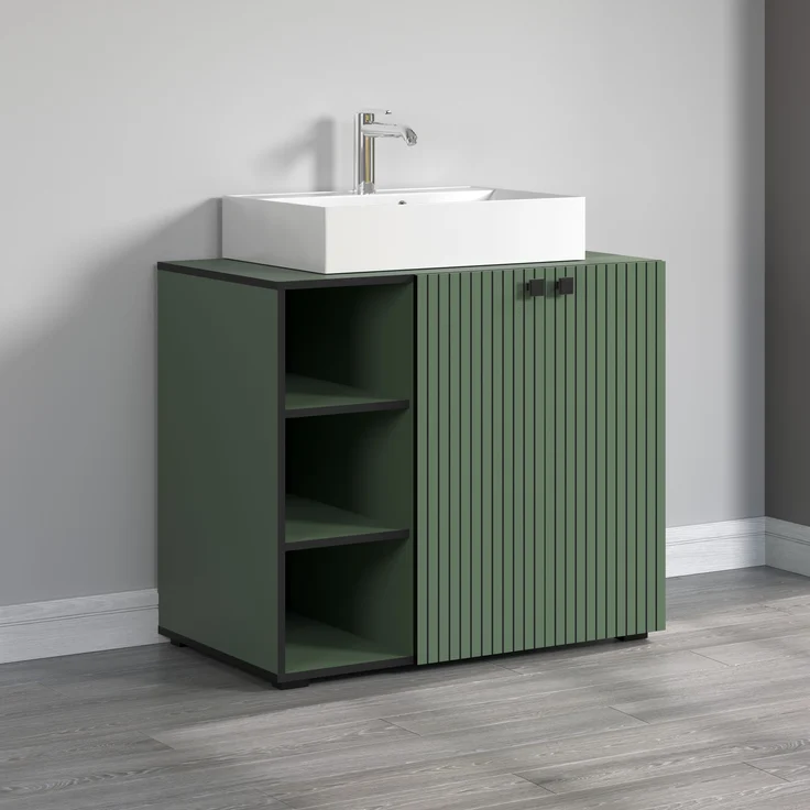 trendteam smart living - PureBliss - Waschbeckenunterschrank - Grün - Rillenoptik - 3 offene Fächer + 1 Einlegeboden - (BxHxT) 90 x 79 x 53 cm - edle Metallgriffe – Bild 6