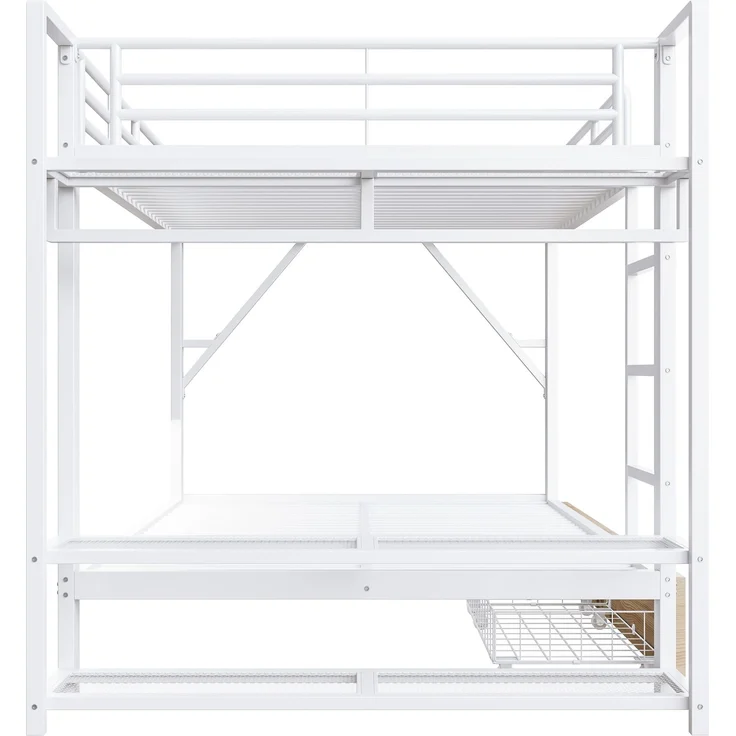 EINHOM Etagenbett, 140 x 200 cm, Eisenrahmen, 2 Schubladen, Mehrere Ablageflächen, mit LED-Lichtleiste, mit Kleiderstange, Matratze Nicht im Lieferumfang Enthalten, Weiß (Ohne Matratze) – Bild 6